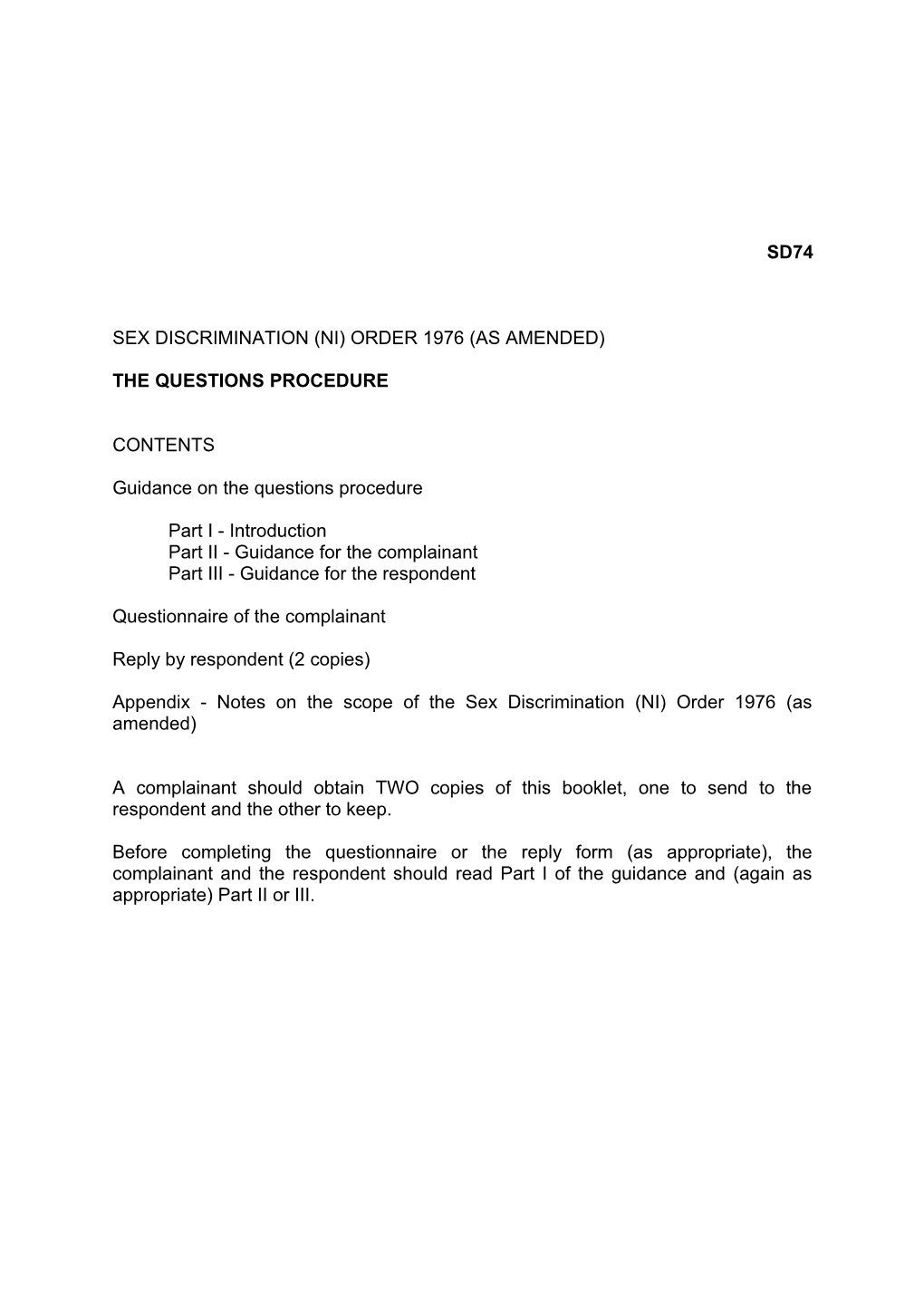 Sex Discrimination (Ni) Order 1976 (As Amended)