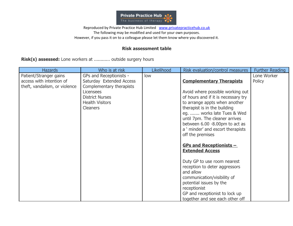 Risk Assessment Table