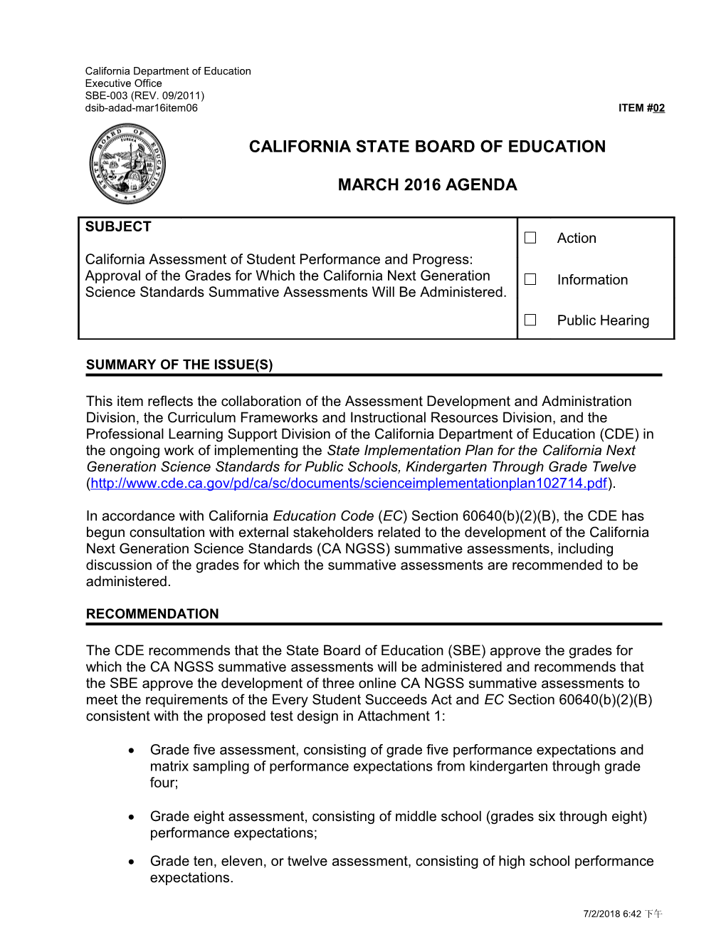 March 2016 Agenda Item 02 - Meeting Agendas (CA State Board of Education)