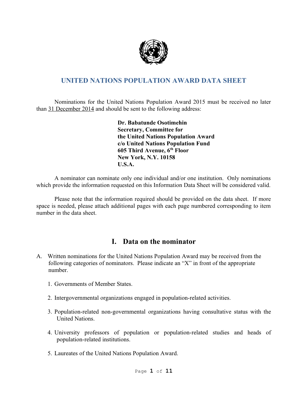 United Nations Population Award Data Sheet