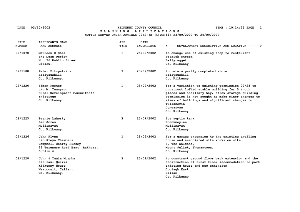 Date : 03/10/2002 Kilkenny County Council Time : 10:14:25 Page : 1