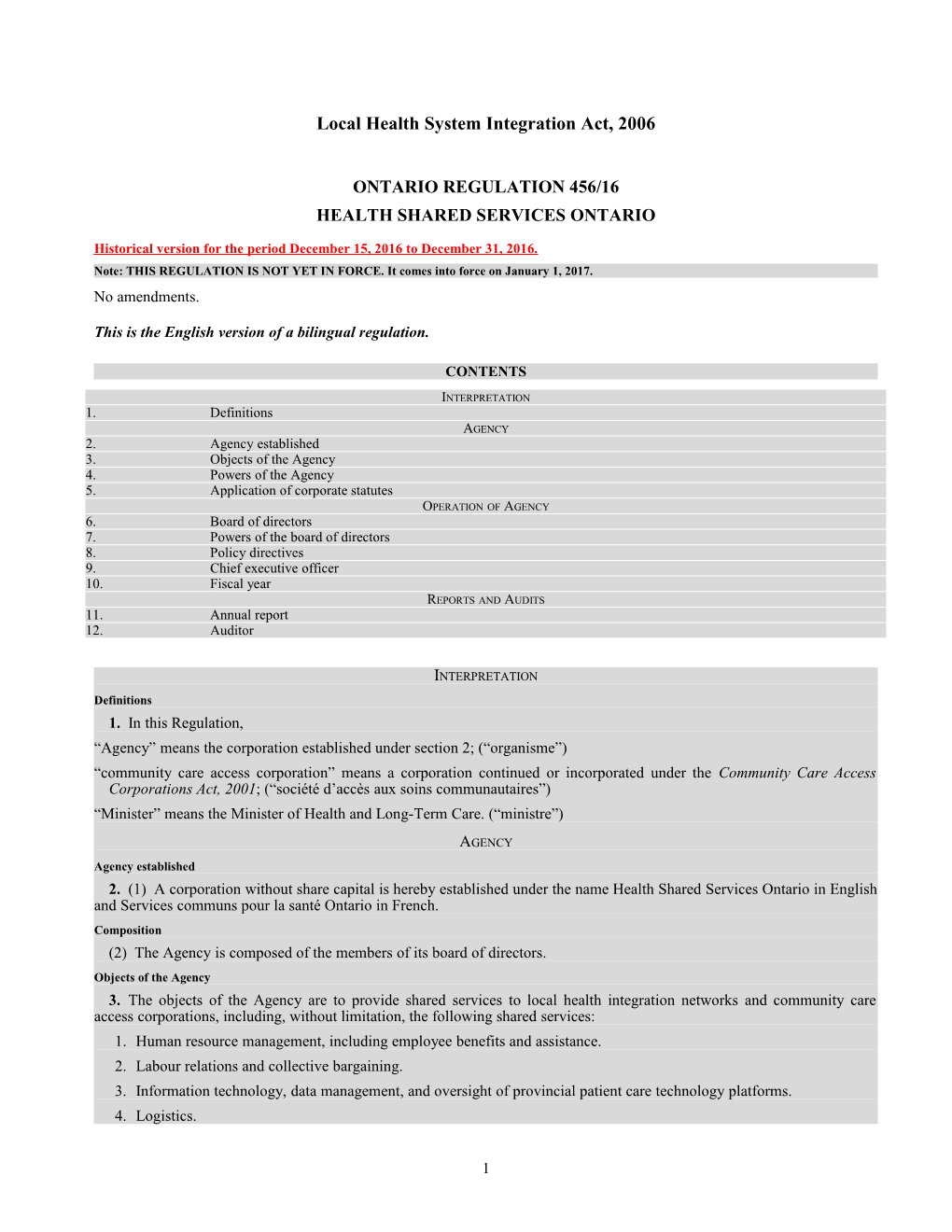 Local Health System Integration Act, 2006 - O. Reg. 456/16