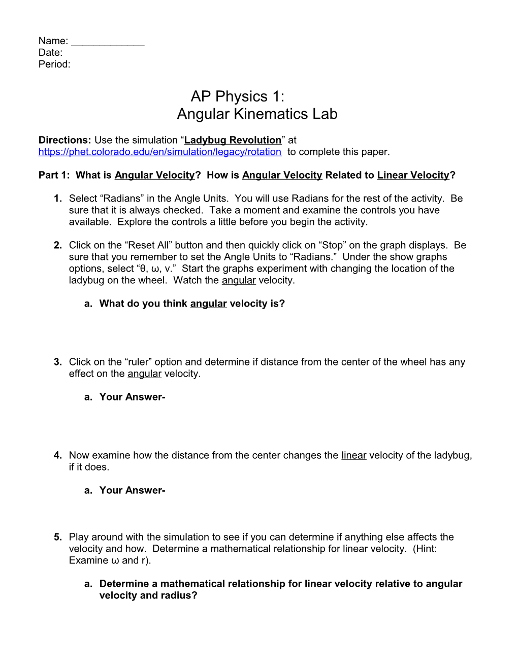 Directions: Use the Simulation Ladybug Revolution at to Complete This Paper