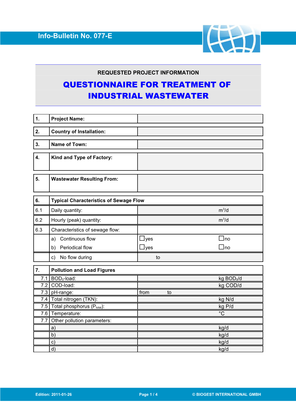 Questionnaire Regarding Industrial Waste Water (Basis of Treatment Plant Design)