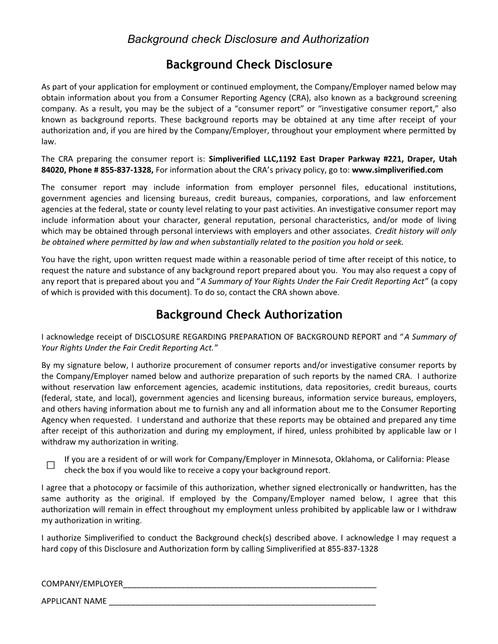 Background Check Disclosure and Authorization