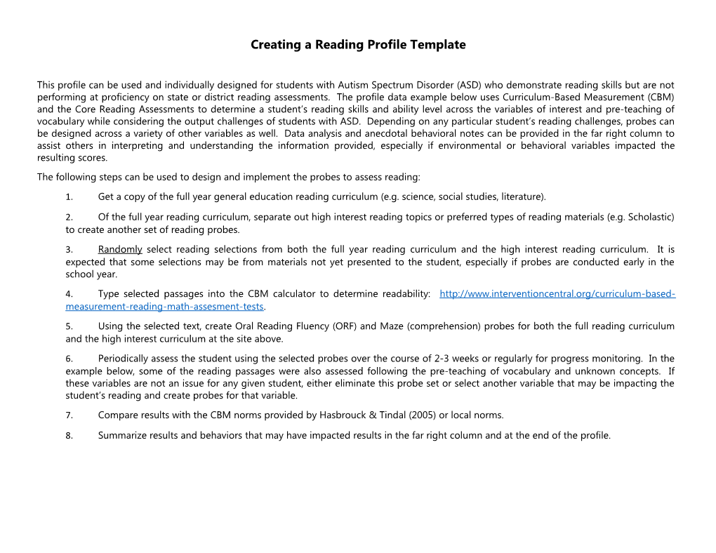 Creating a Reading Profile Template