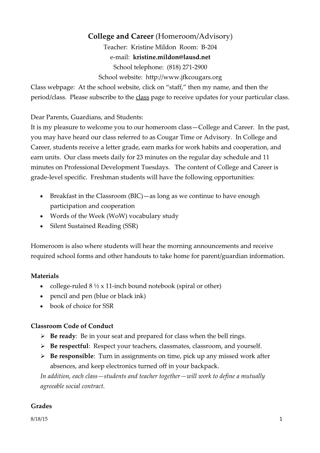 College and Career (Homeroom/Advisory)