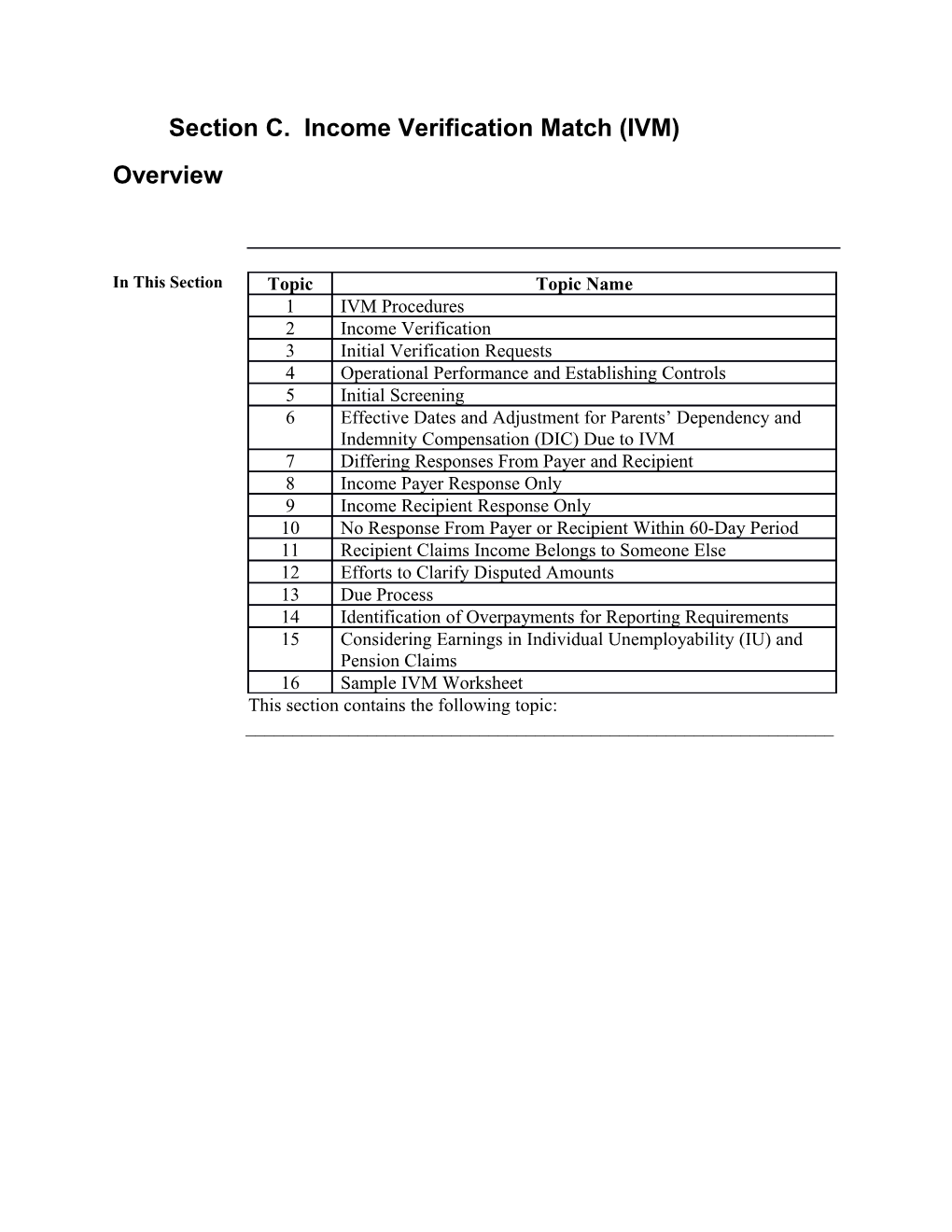 Section C. Income Verification Match (IVM)