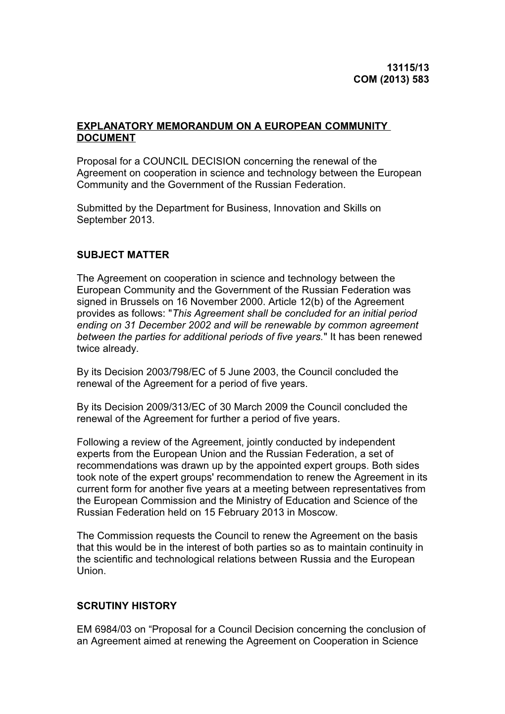 Explanatory Memorandum on a European Community Document