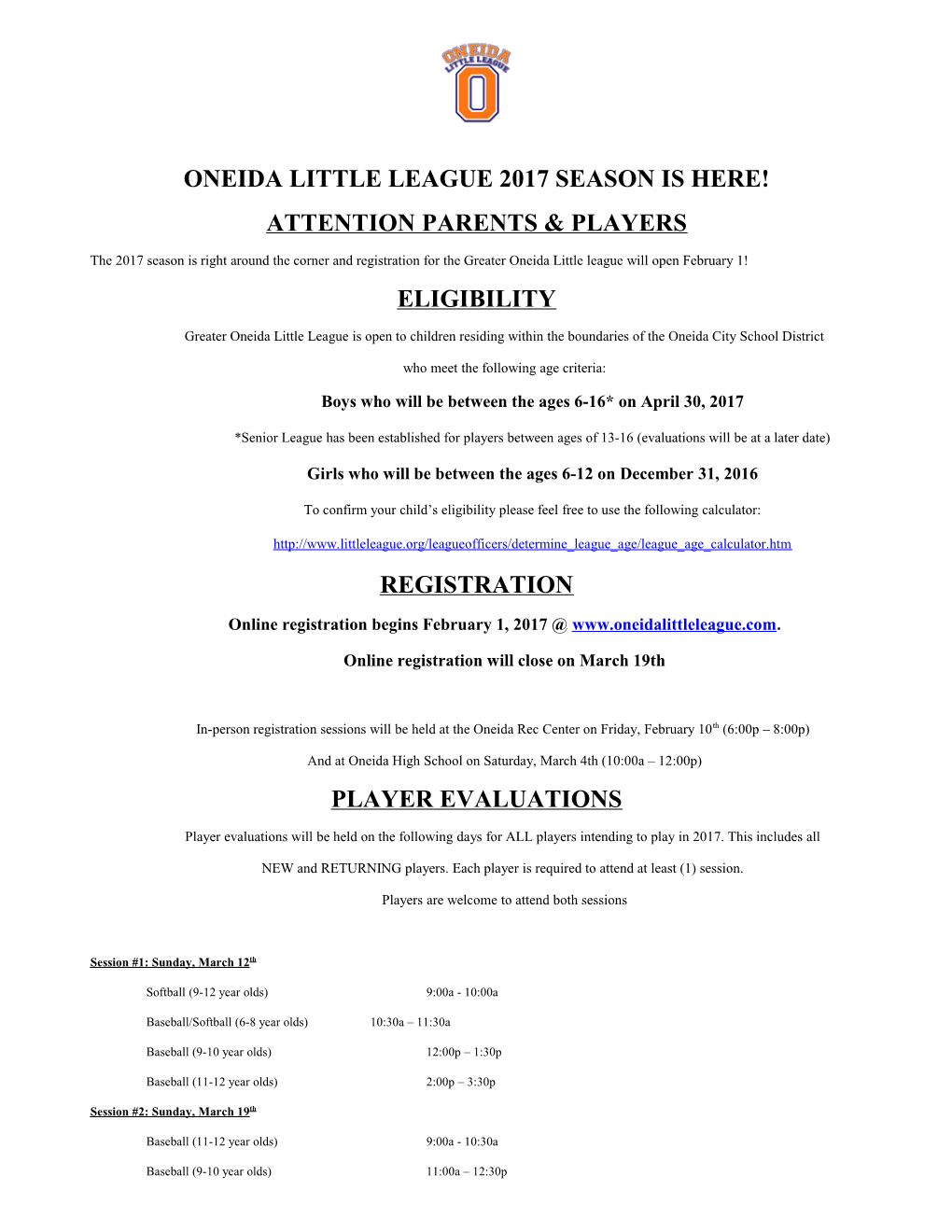 Oneida Little League 2017 Season Is Here!