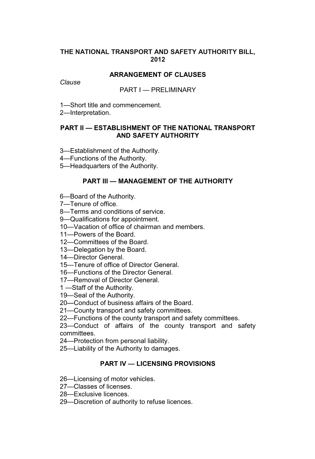 The National Transport and Safety Authority Bill, 2012