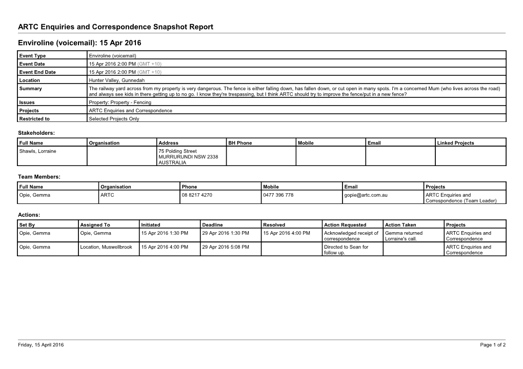 ARTC Enquiries and Correspondence Snapshot Report