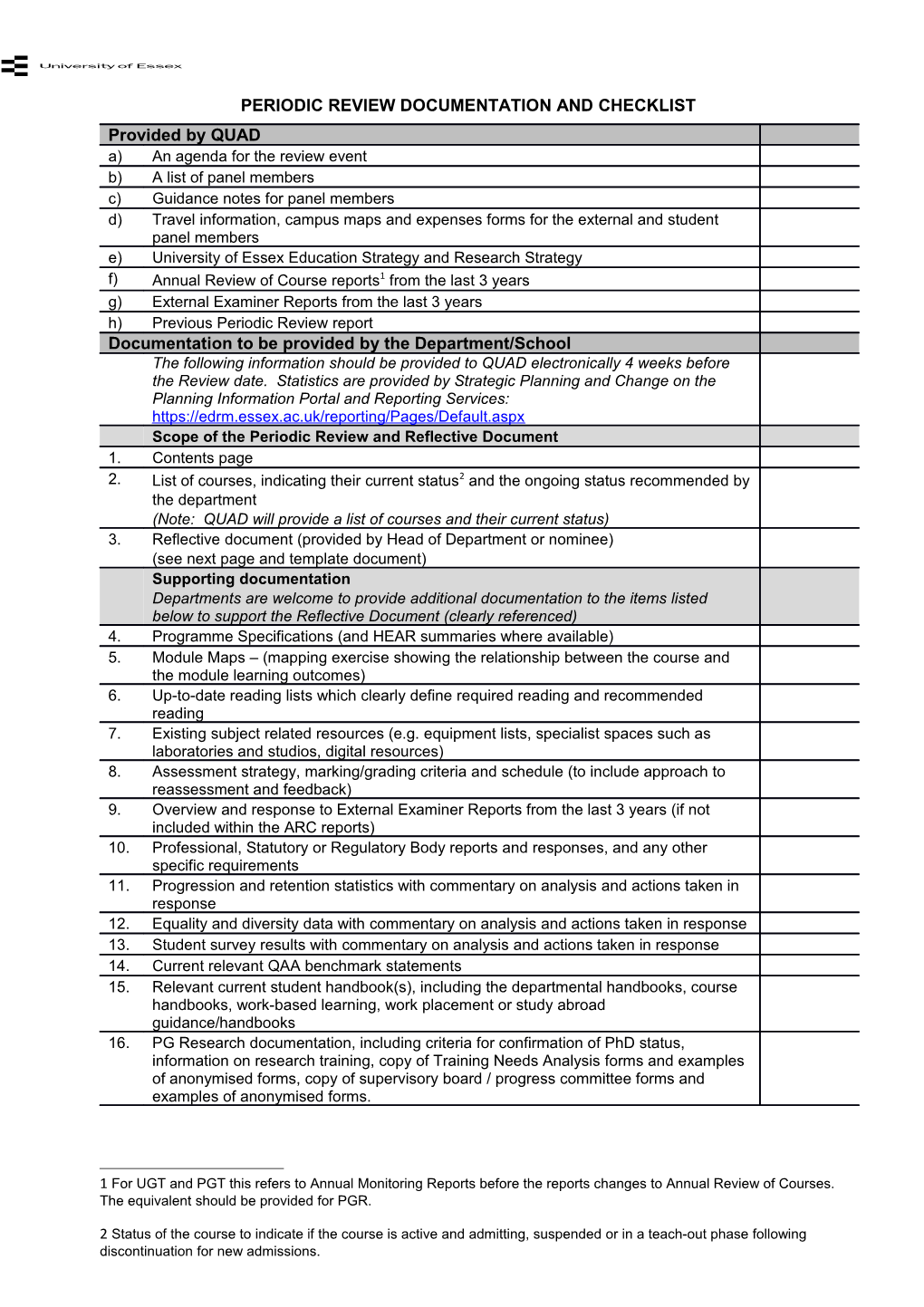 Periodic Review Documentation and Checklist