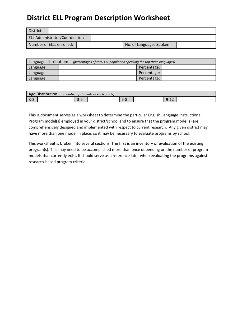 District ELL Program Description Worksheet