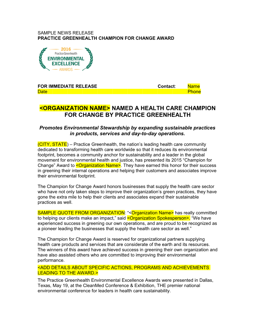 Sample News Release Practice Greenhealth Champion for Change Award