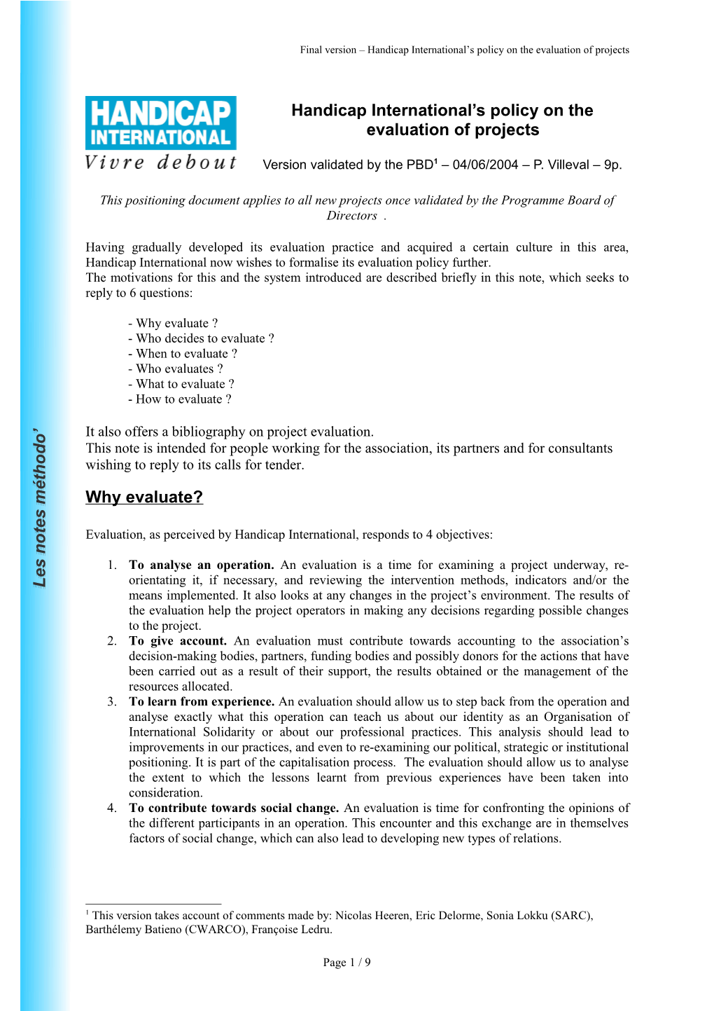 Politique De Handicap International En Matière D Évaluation De Projet