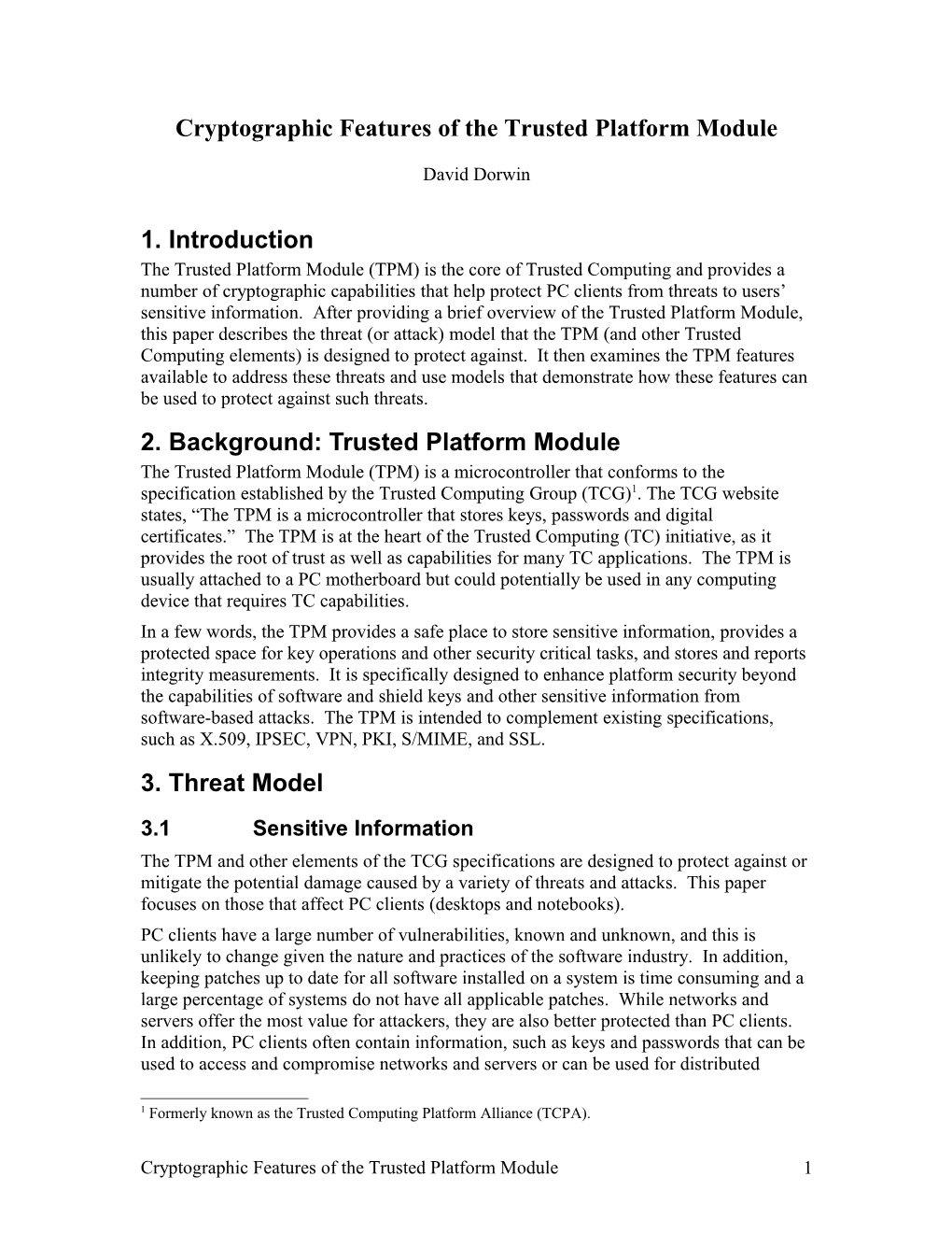 Cryptographic Features of the Trusted Platform Module