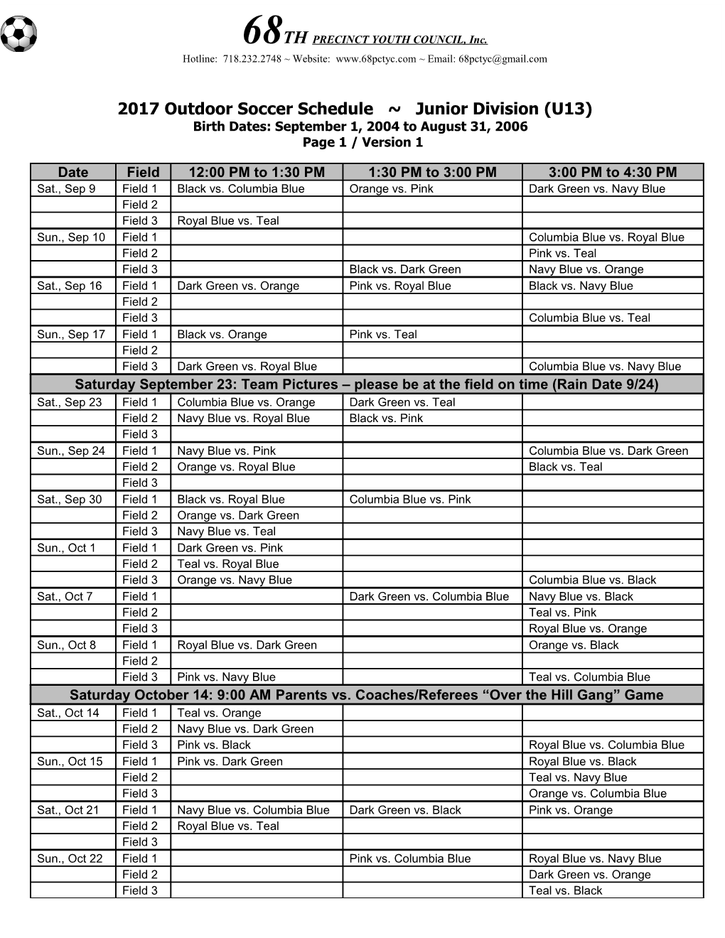 2017 Outdoor Soccer Schedule Junior Division (U13)