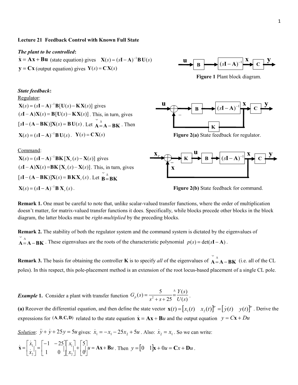 Lecture 21 Feedback Control with Known Full State