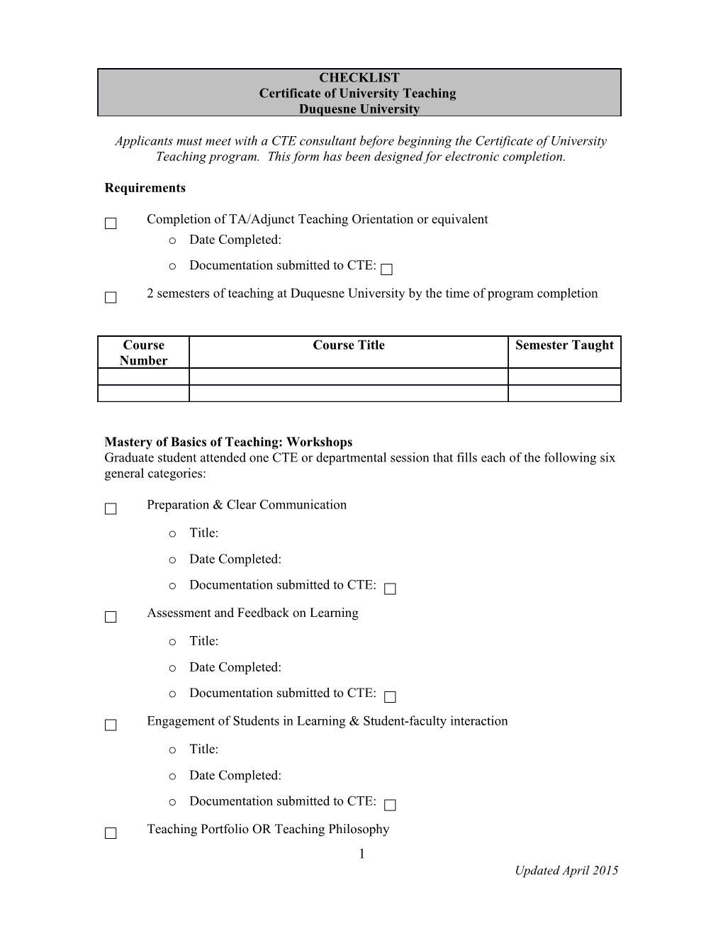 Duquesne University Certificate of University Teaching Checklist