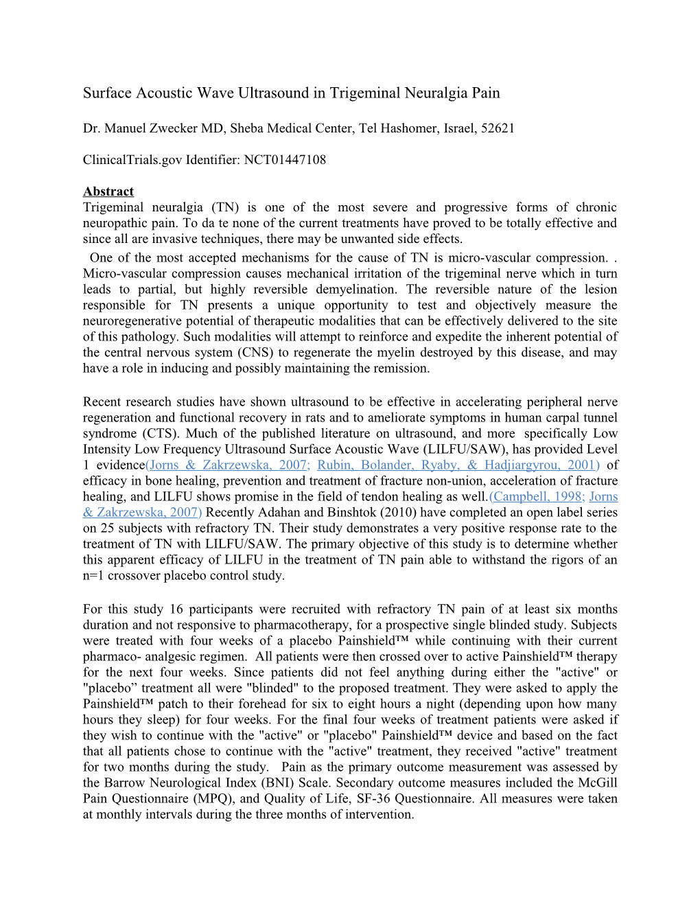 Surface Acoustic Wave Ultrasound in Trigeminal Neuralgia Pain