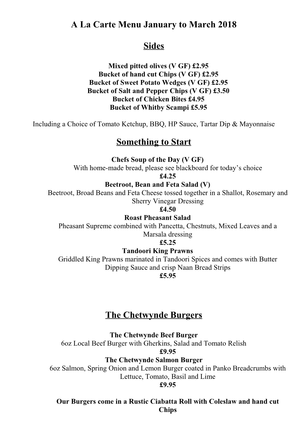 A La Carte Menu January to March 2018