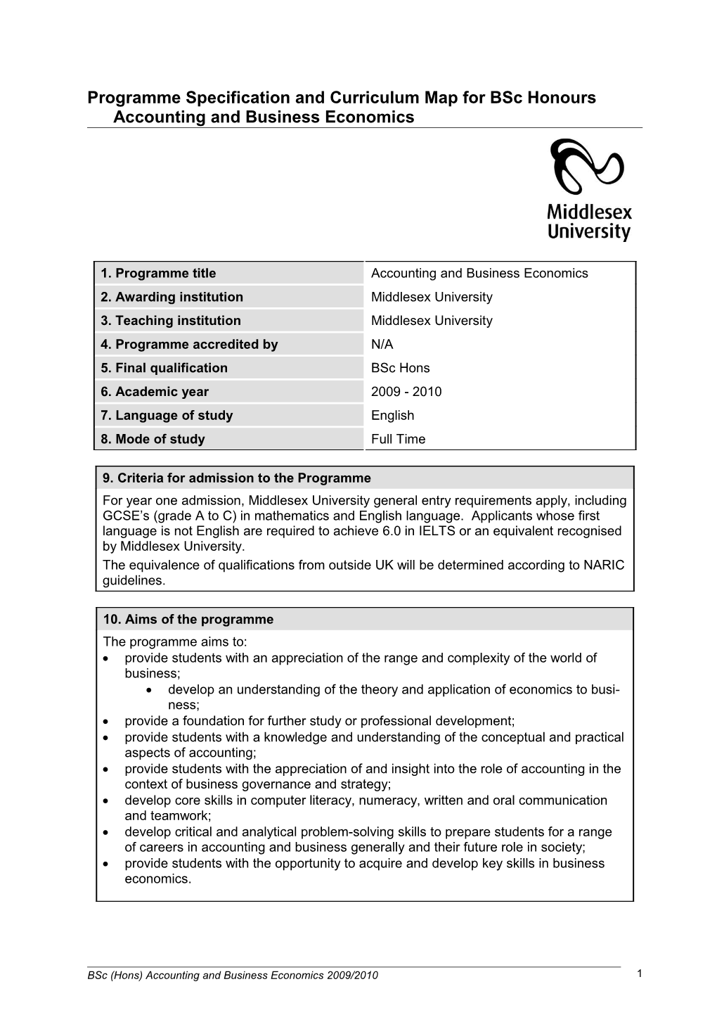 Programme Specification and Curriculum Mapfor Bsc Honours Accounting and Business Economics