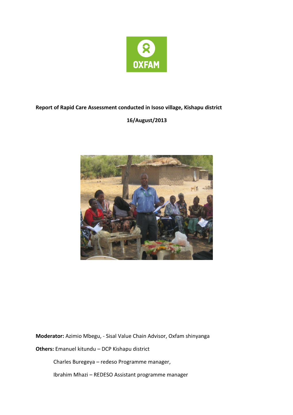 Report of Rapid Care Assessment Conducted in Isoso Village, Kishapu District