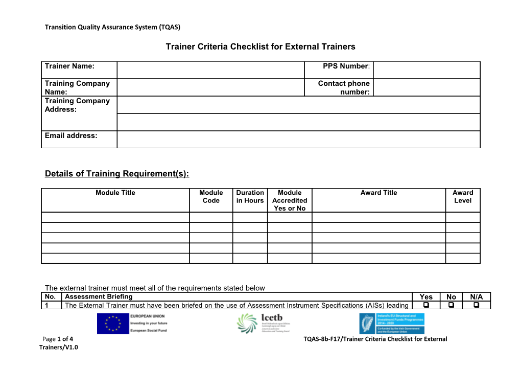 External Trainer Qualifications and Relevant Work Experience Checklist