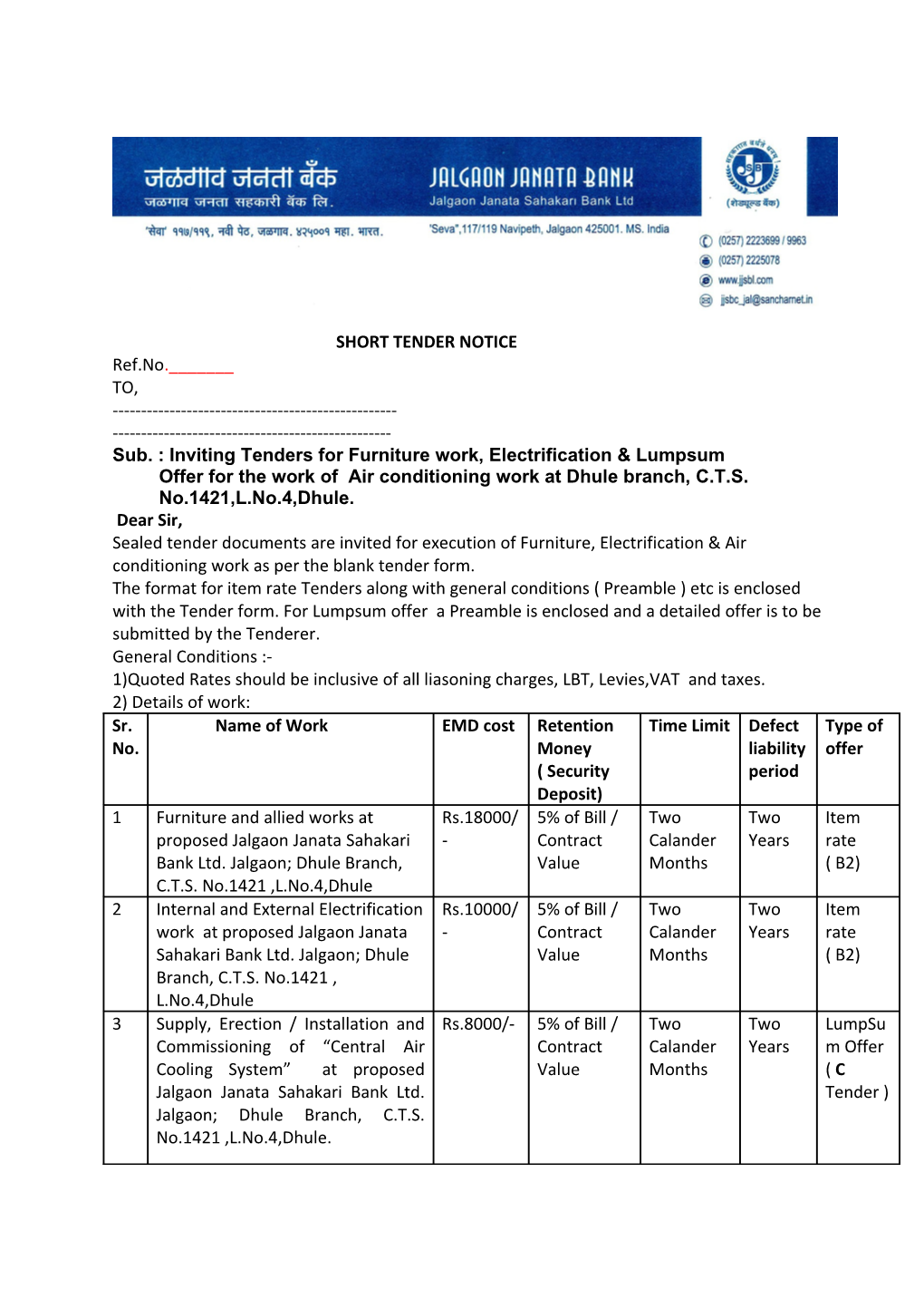 Sub. : Inviting Tenders for Furniture Work, Electrification Lumpsum