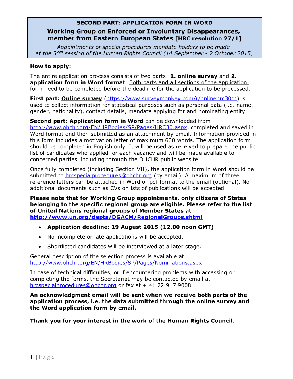 Human Rights Council Secretariat (Standardized Form) s19