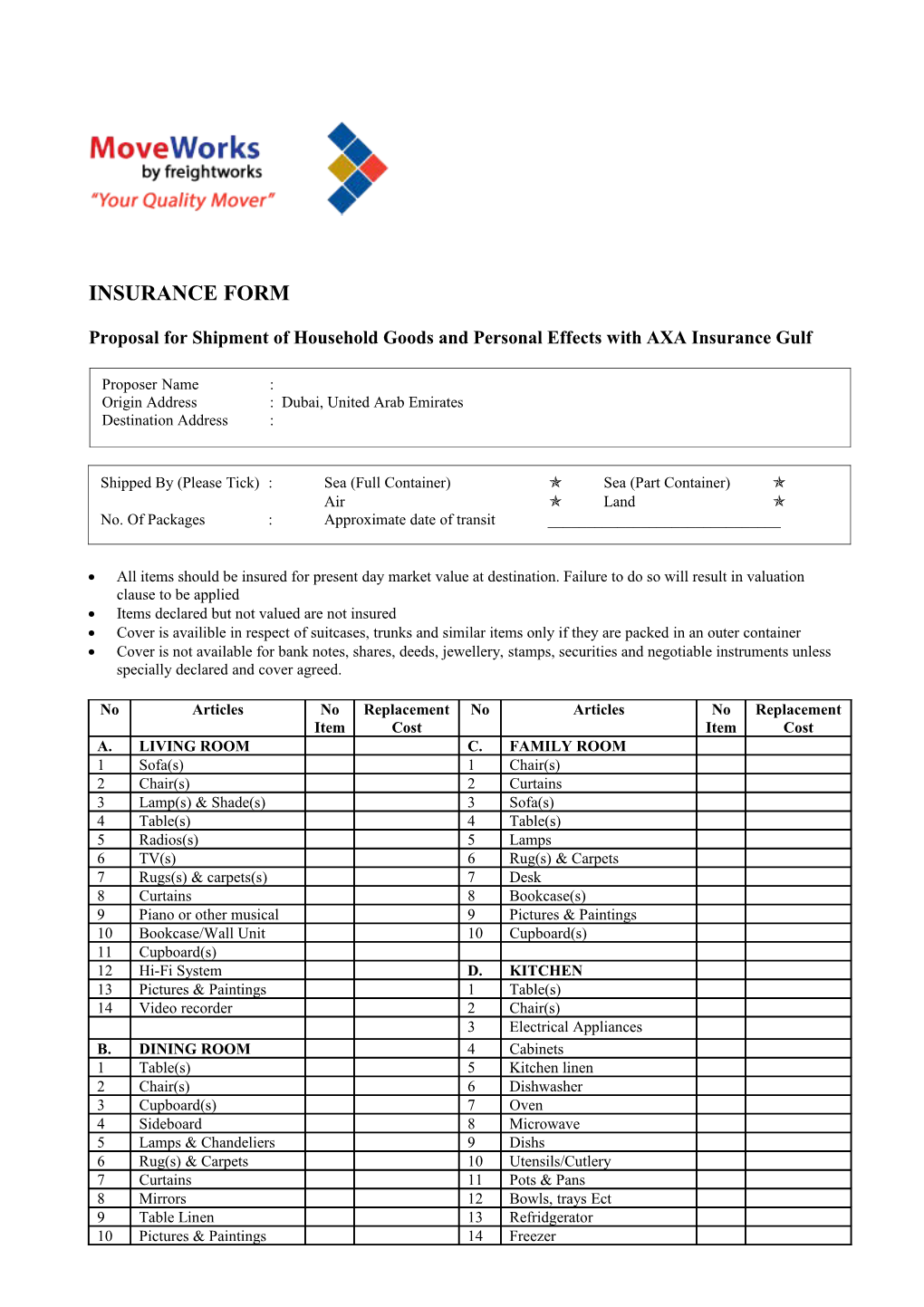 Proposal for Shipment of Household Goods and Personal Effects with Norwich Union