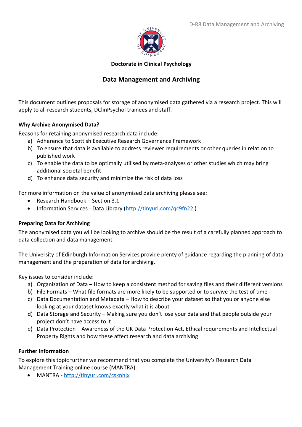 D-R8 Data Management and Archiving