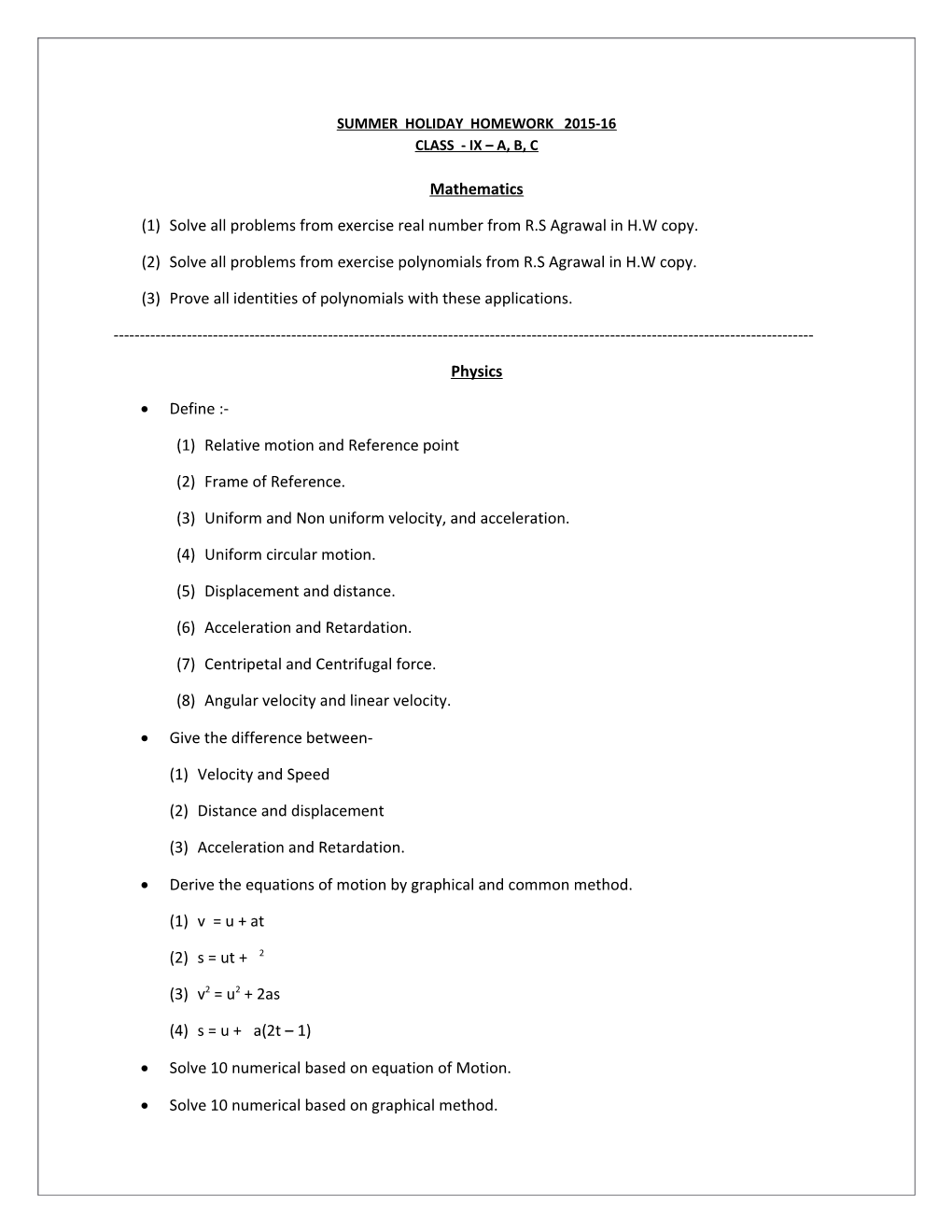 Summer Holiday Homework 2015-16