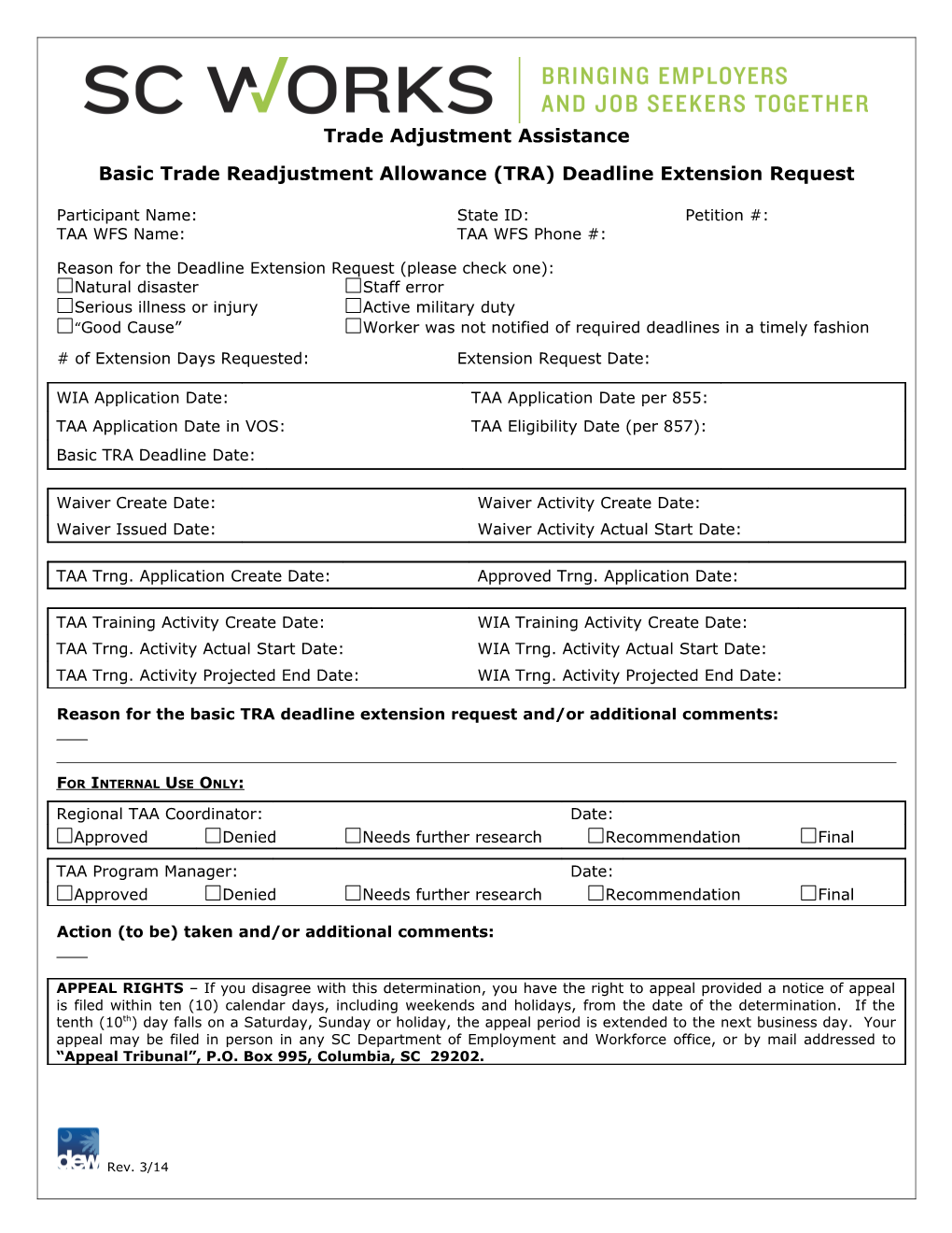 Basic Trade Readjustment Allowance (TRA) Deadline Extension Request
