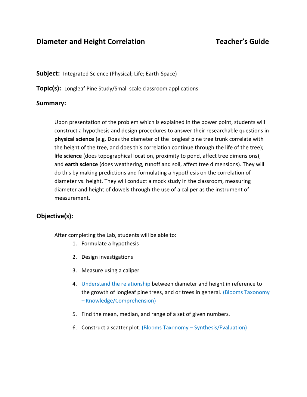 Diameter and Height Correlation Teacher S Guide