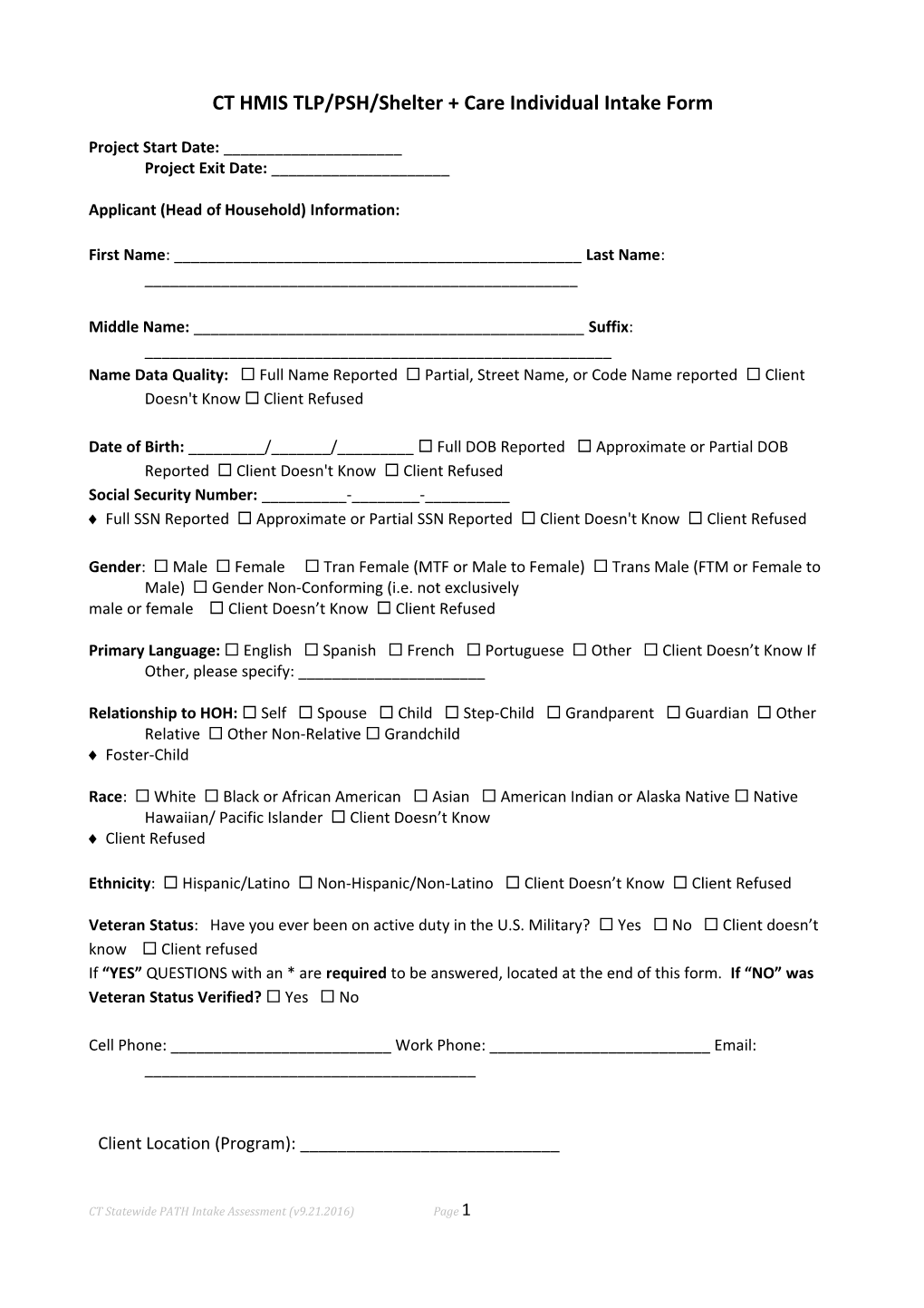 CT HMIS TLP/PSH/Shelter + Care Individual Intake Form