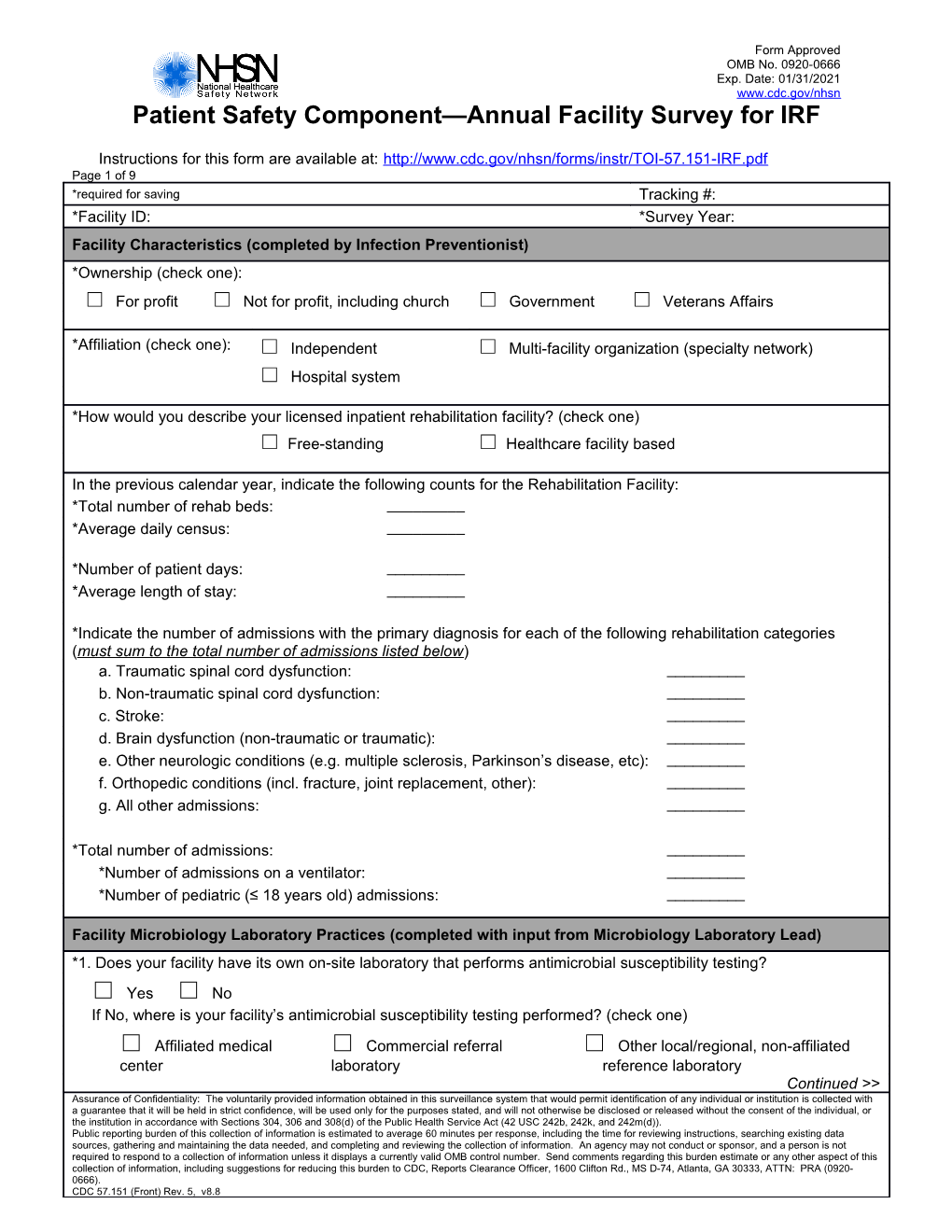 Patient Safety Component Annual Facility Survey for IRF