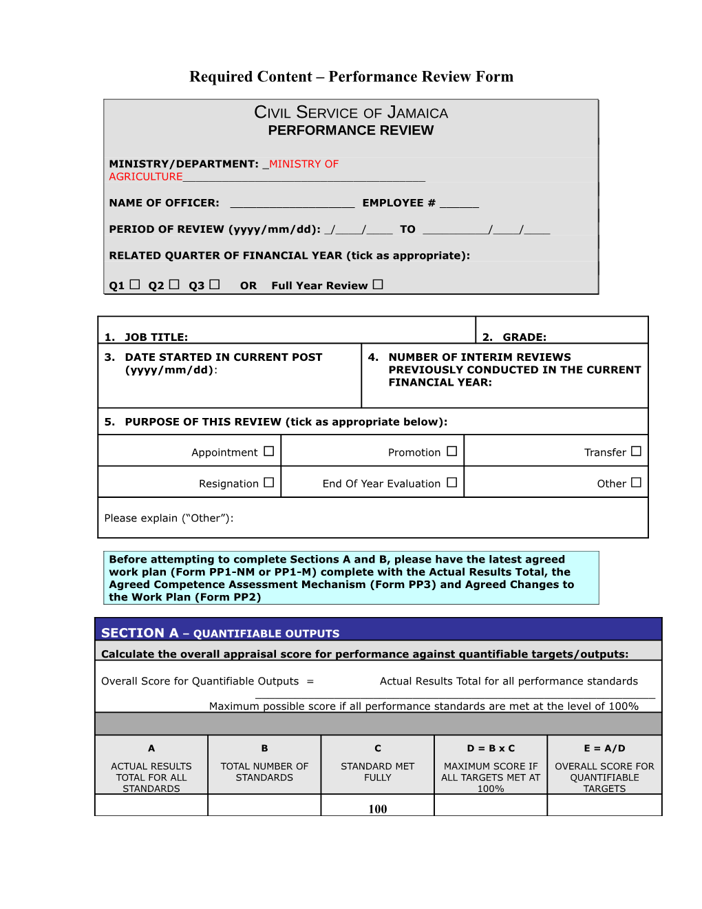 Required Content Performance Review Form