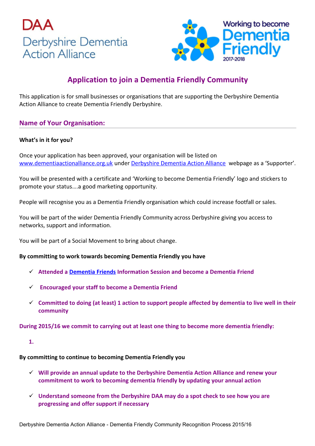 Application to Join a Dementia Friendly Community
