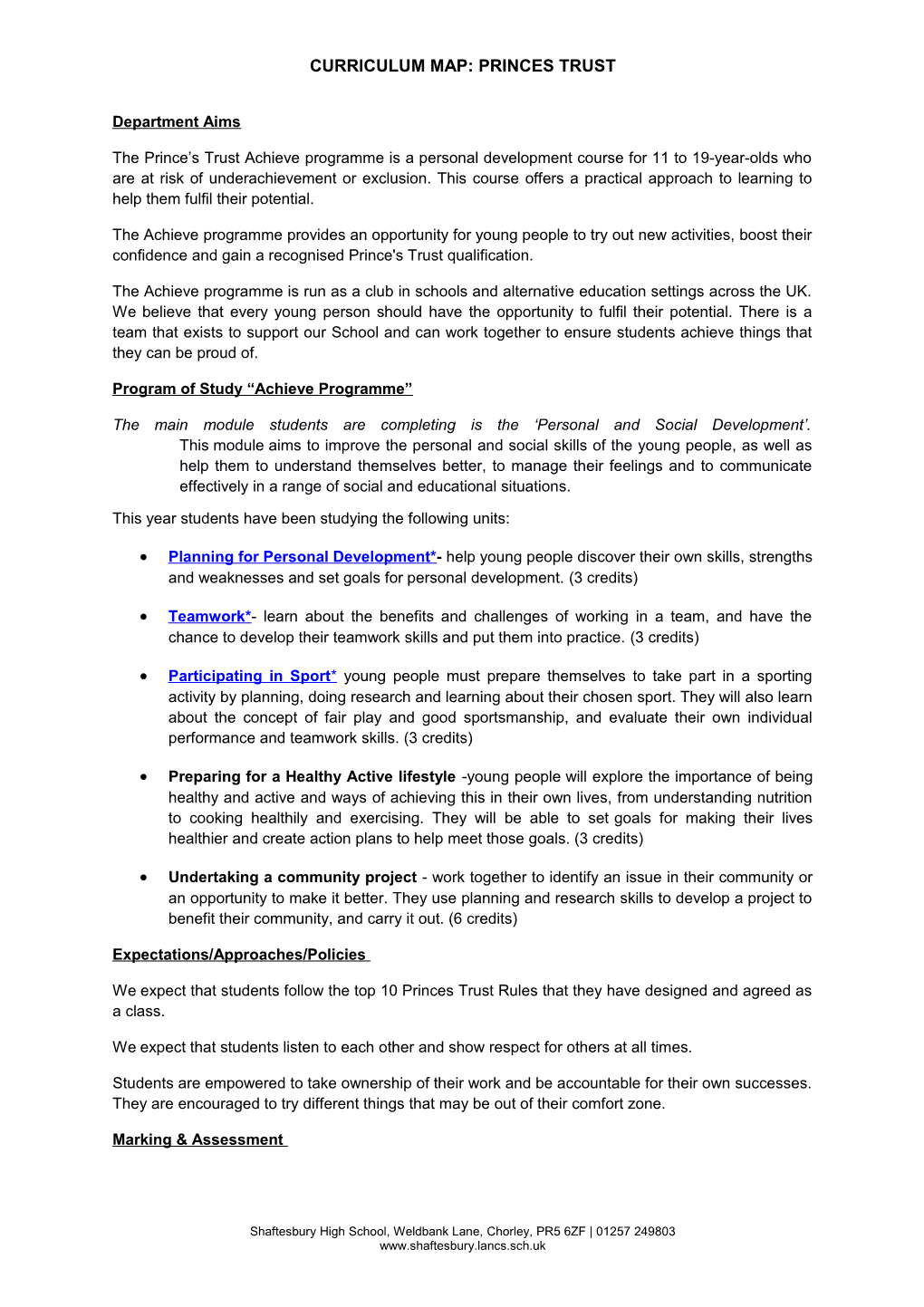 Curriculum Map: Princes Trust