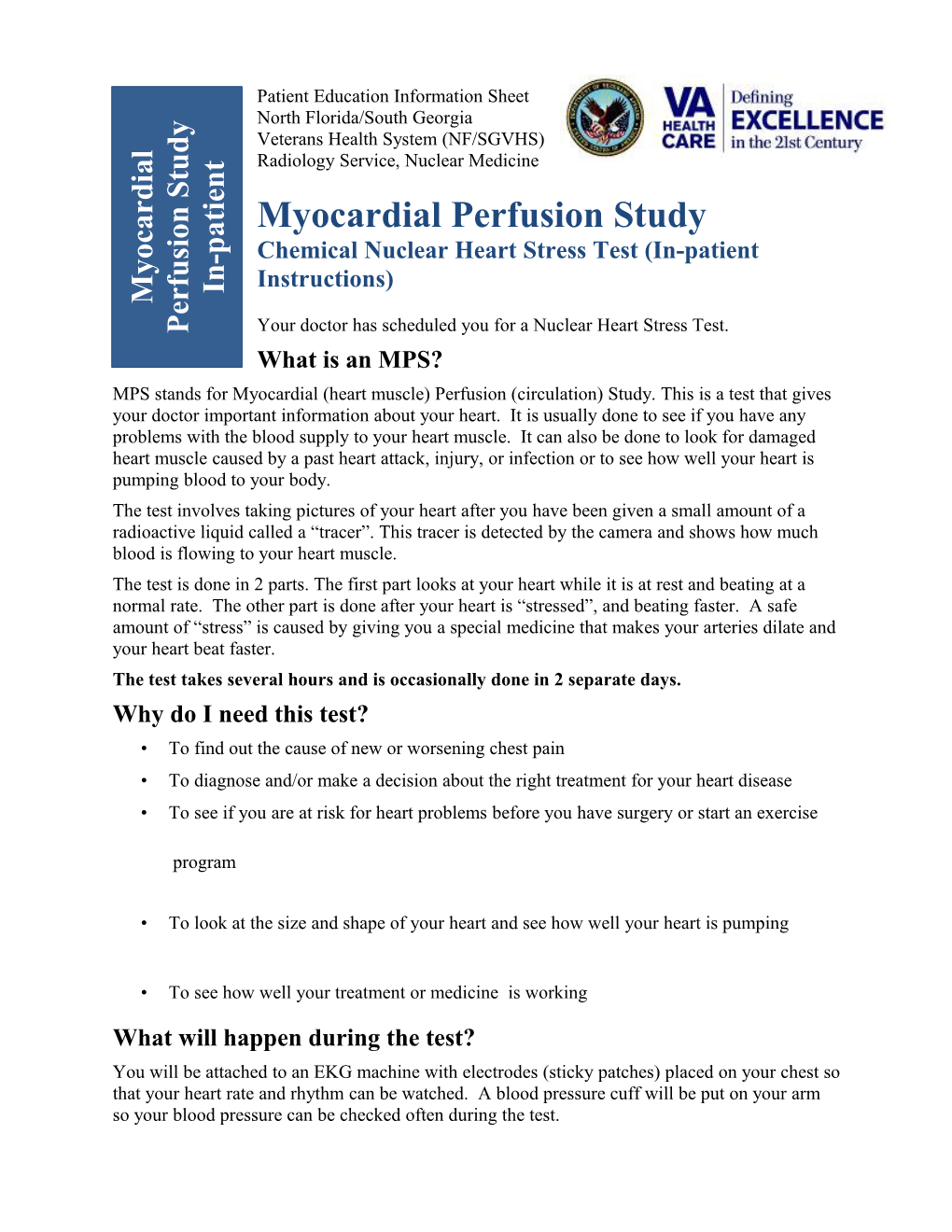 Myocardial Perfusion Study- Chemical Nuclear Heart Stress Test (In-Patient Instructions)