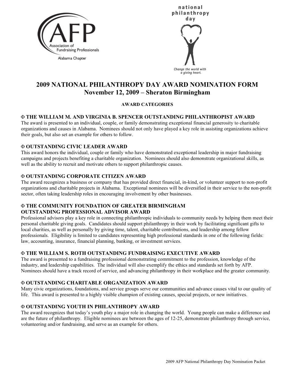 2009 National Philanthropy Day Award Nomination Form