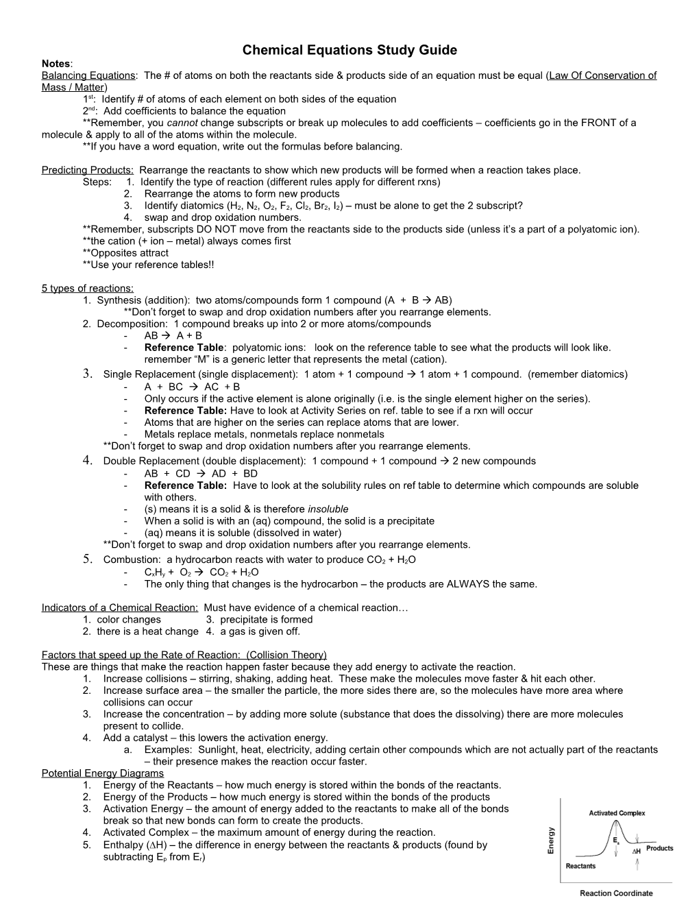 Chemical Equations Study Guide