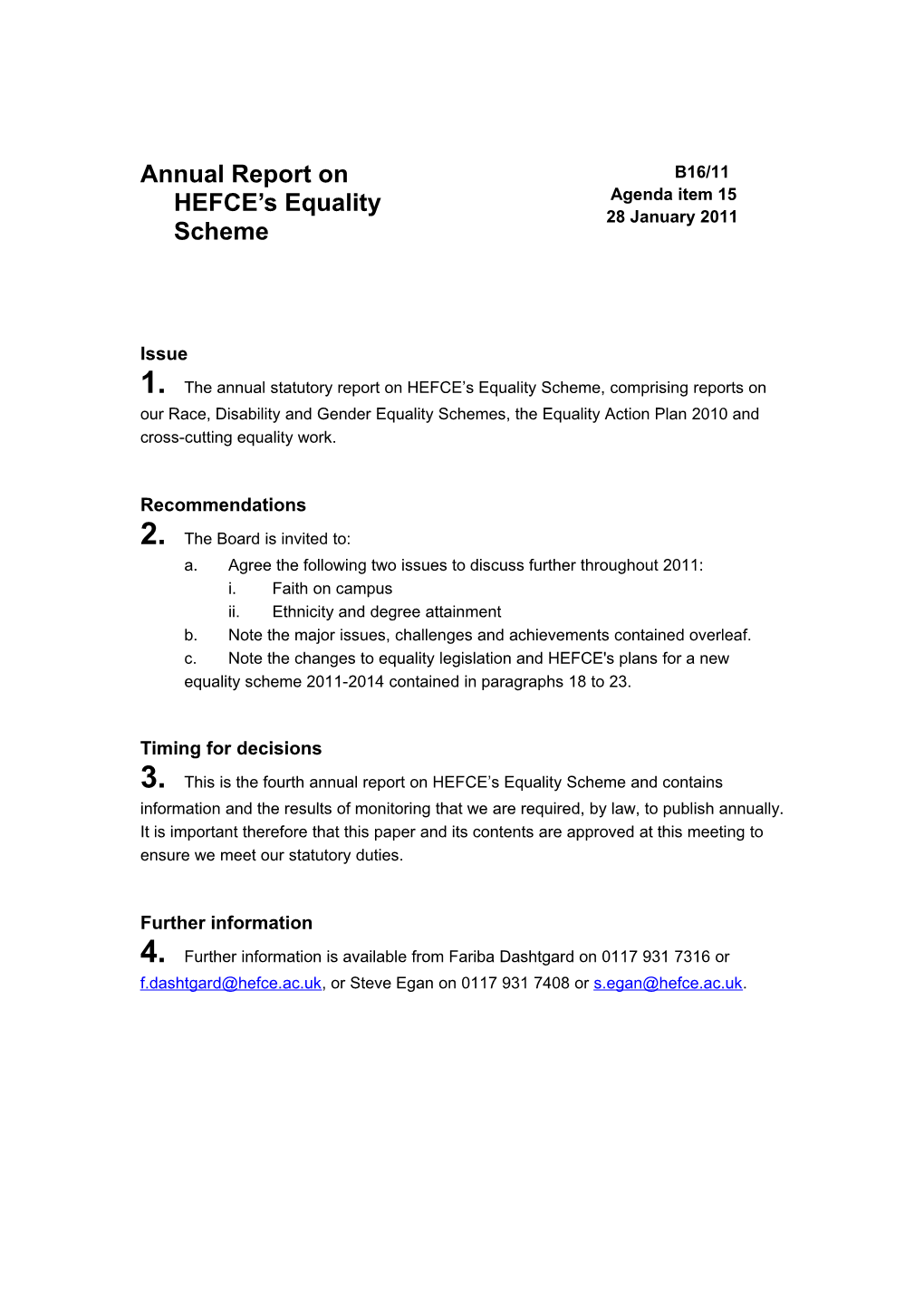 Annual Report on HEFCE S Equality Scheme