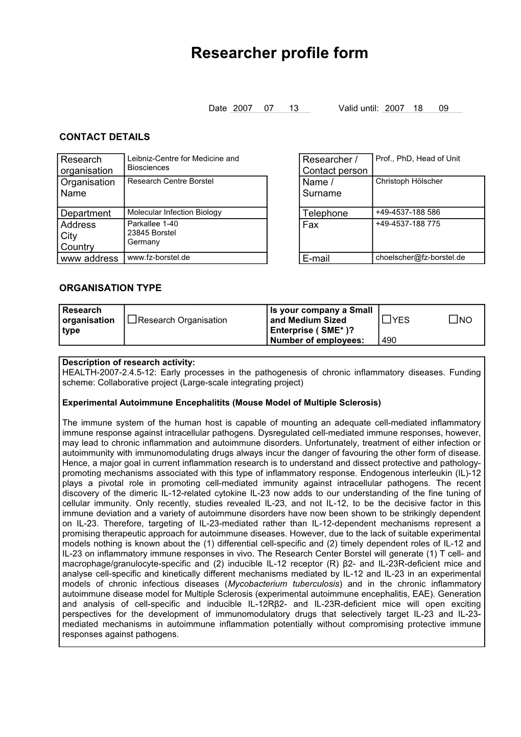 Researcher Profile Form