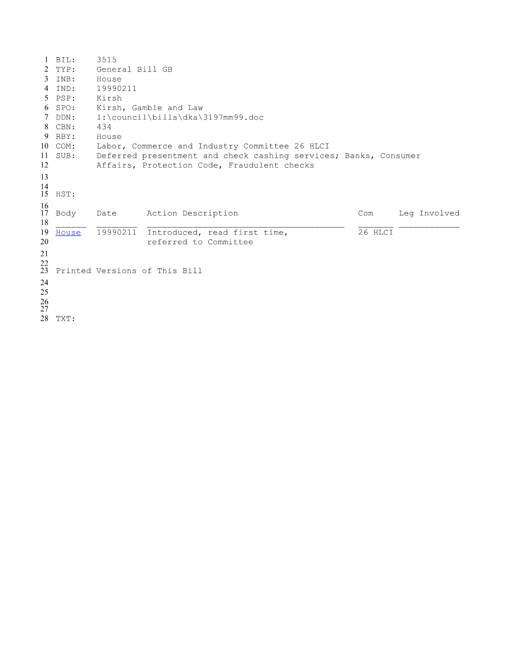 1999-2000 Bill 3515: Deferred Presentment and Check Cashing Services; Banks, Consumer Affairs