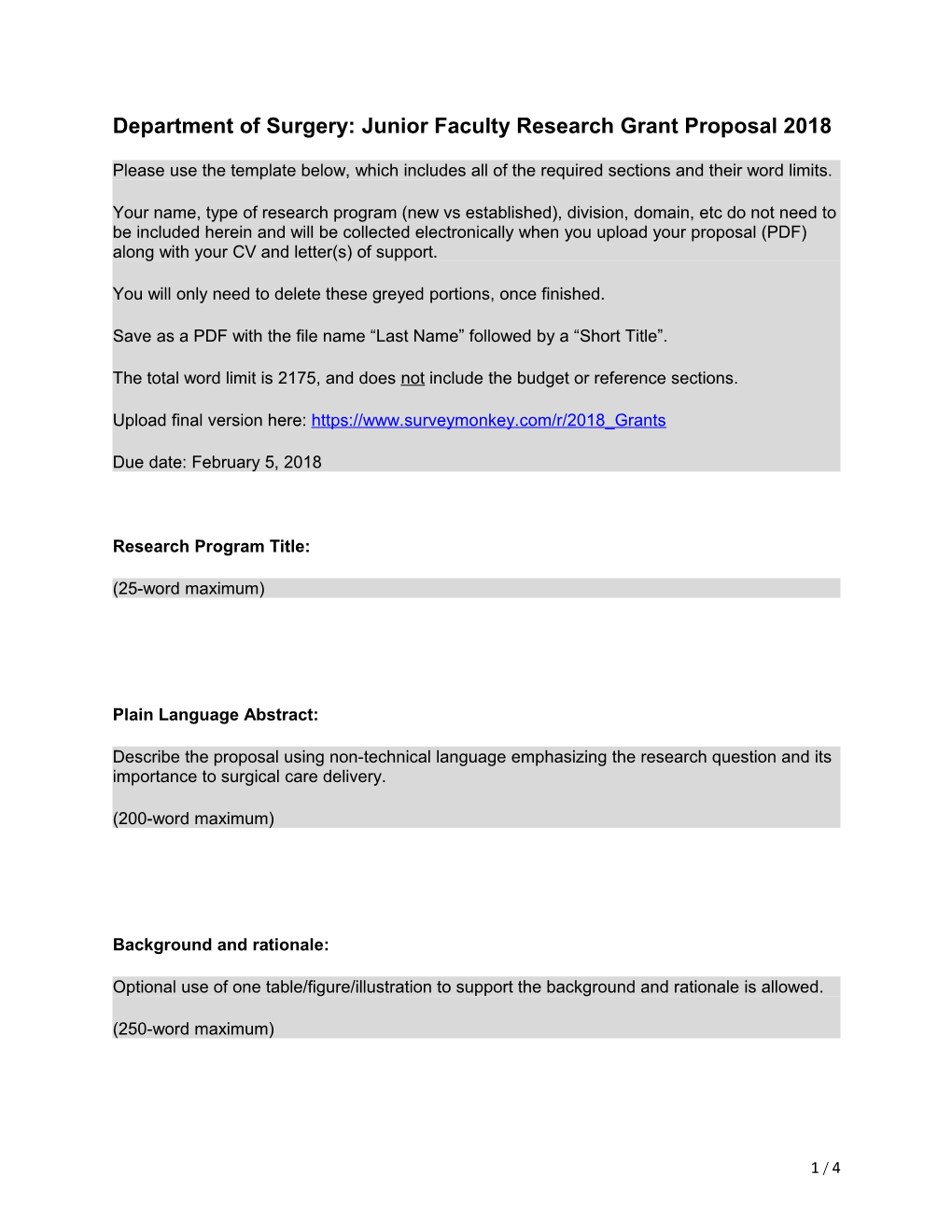 Department of Surgery: Junior Faculty Research Grant Proposal 2018