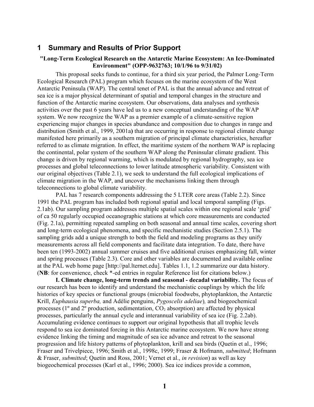 1996-2002 Proposal for Palmer LTER PALMER LONG-TERM ECOLOGICAL RESEARCH PROJECT