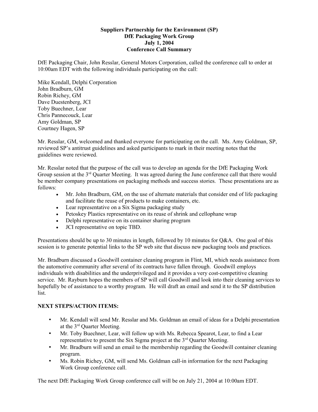 Notes from March 1, 2004 Suppliers Partnership for the Environment Dfe Workgroup Meeting